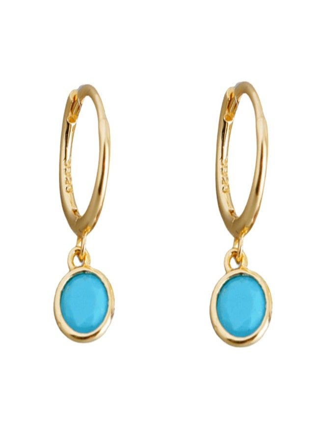 Dtja Dainty Bezel Hoop Earrings for Women Girls 925 Sterling Silver Hypoallergenic 6mm Round CZ Birthstone Charms Dangle Drop Cartilage Small Hoops Huggie Jewelry Cute Birthday Holiday Homecoming BFF Gifts (Gold Turquoise) - Image 1